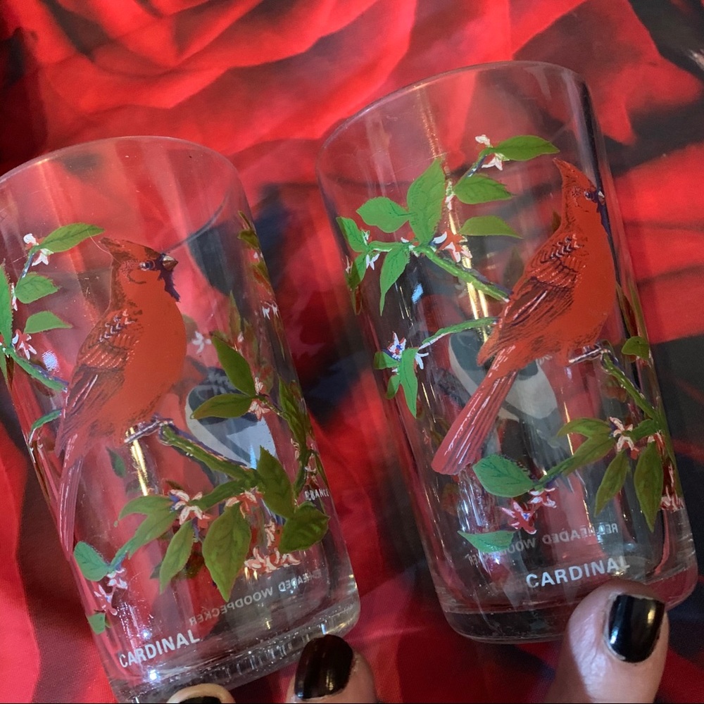 Lot 2 vintage woodpecker cardinal drinking glasses